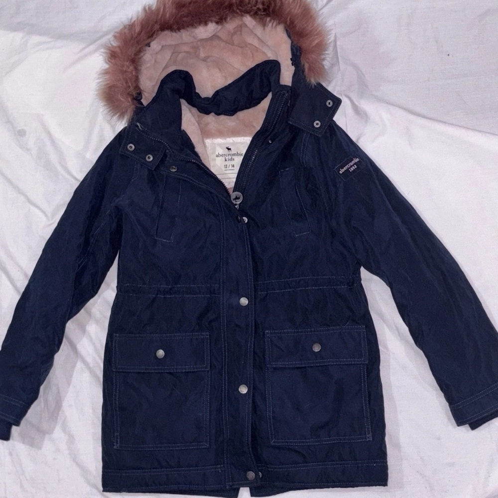 Abercrombie & Fitch Blue Sherpa Lined Pink Faux Fur Hooded Parka Fits Woman XS